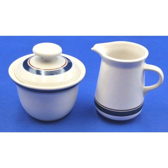 Vintage Tienshan Stoneware Creamer Sugar Set Cream w/Cobalt Blue Burgundy Stripe - Picture 1 of 9